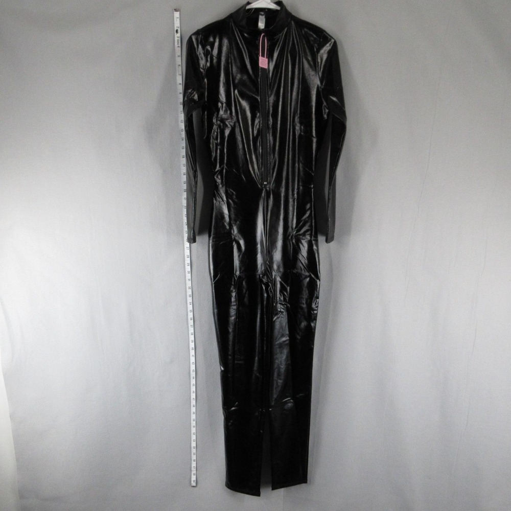 Forplay Jumpsuit Womens M/L Black Pleather Mock Neck Zip Slim Stretch NWT
